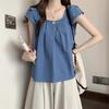 Women Summer New Loose Fit Blue Pleated Baby Doll Ruffle Sleeve Casual Blouse Shirt