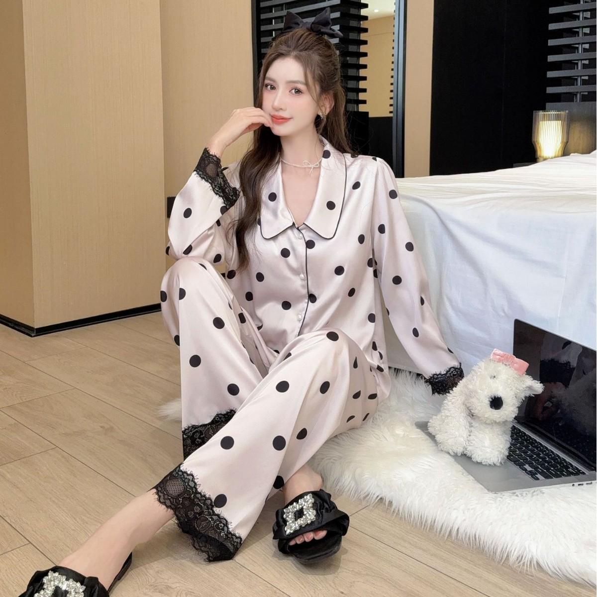 Polka Dot Lace Ice Silk Pajamas Set - Women s Long Sleeve and Pants for Spring/Autumn Extra Large