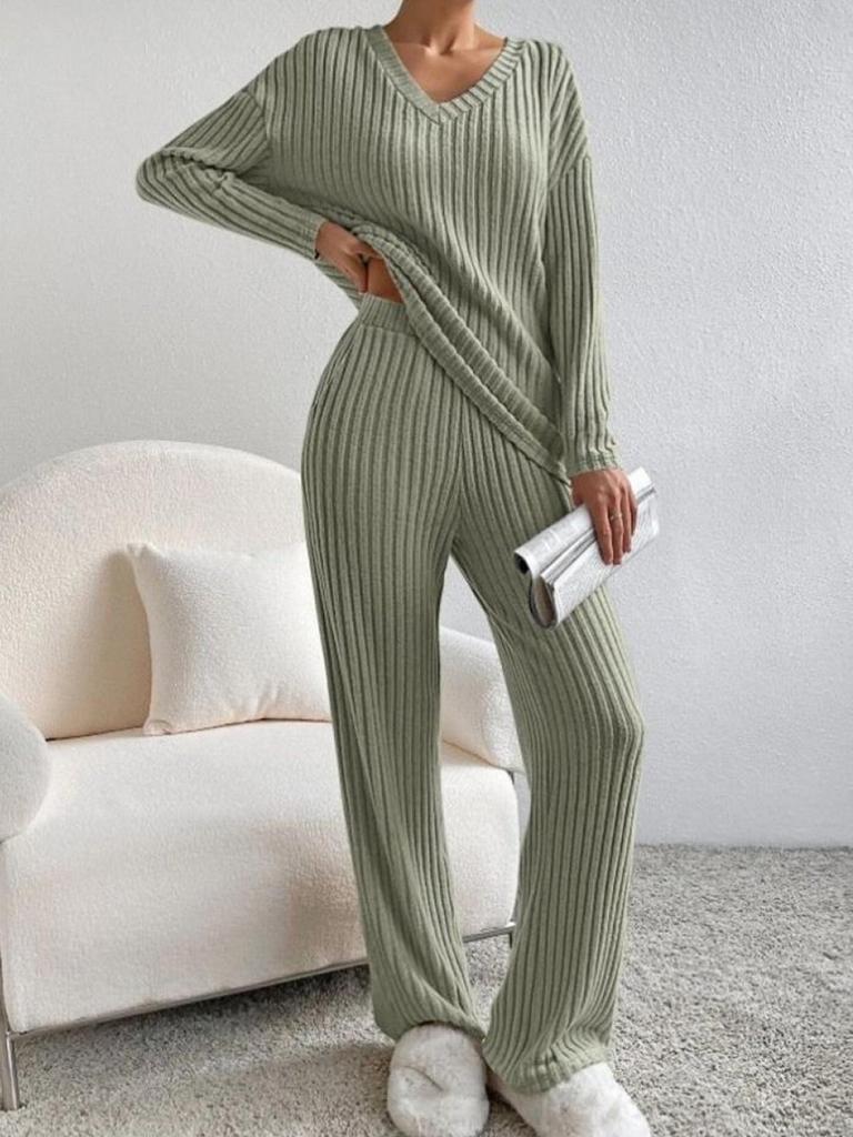 2025 Autumn Women's Cross-border Casual V-neck Rib-knit Set with Loose Straight-leg Pants