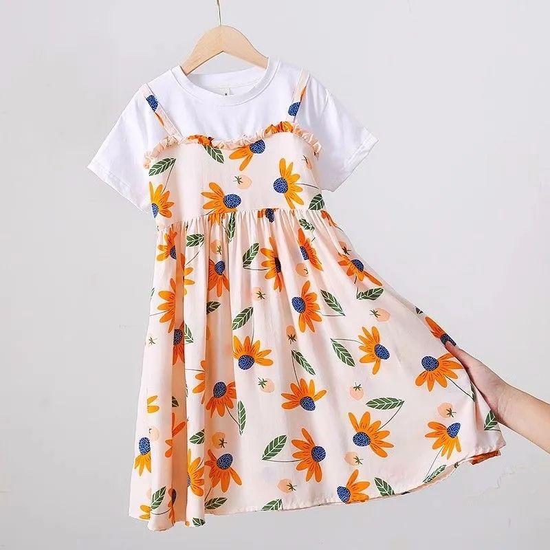 Dívčí letní nové šaty s falešným dvoudílným vzhledem Letní šaty Pro dívky Chladivé dlouhé šaty