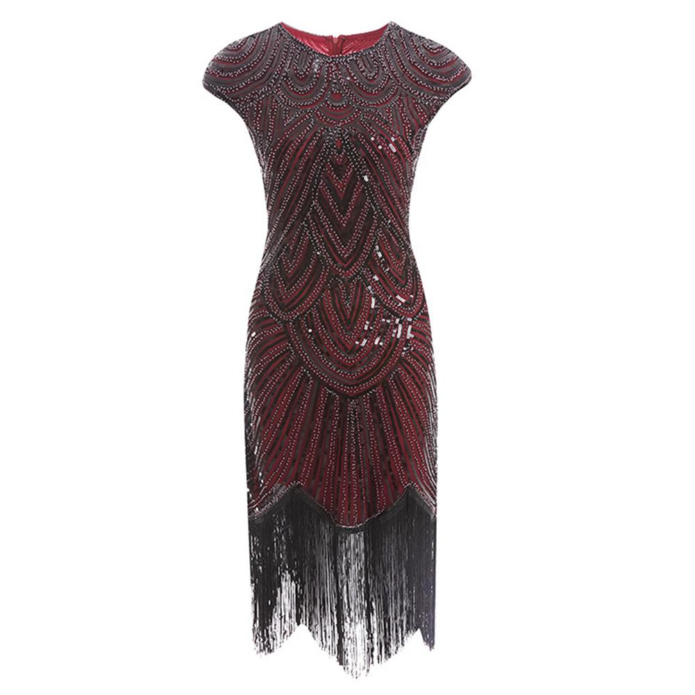 Mode Womenswear Vintage Frauen Pailletten Quasten Rundhals ärmelloses Bankett Cocktail Partykleid