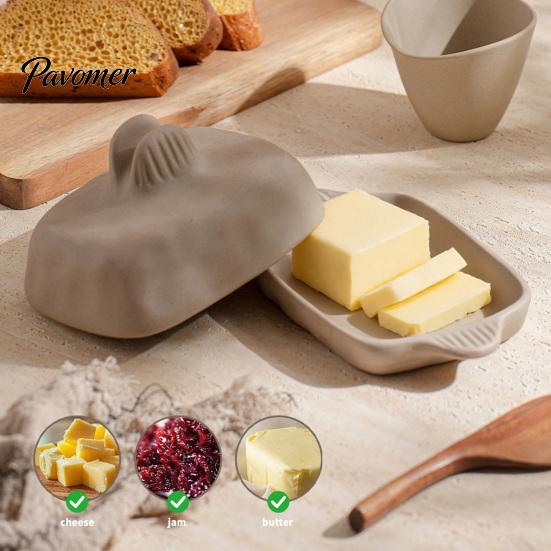 Minimalist Kitchen Decor Ceramic Butter Dish with Lid And Wooden Knife, Countertop Stoneware Container Tray, Keeper for Fridge Storage & Table Serving