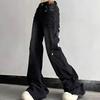 Jeans bootcut larges rétro High Street Automne Hiver Noir Délavé Vêtements Féminins Pantalons en Denim Chic Pantalons Boutonnés Raboutés