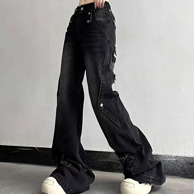Jeans bootcut larges rétro High Street Automne Hiver Noir Délavé Vêtements Féminins Pantalons en Denim Chic Pantalons Boutonnés Raboutés