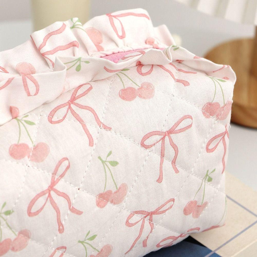 Portable Bow Quilted Cosmetic Bag Large Capacity Makeup Organizer Travel Toiletry Bag Zipper Lightweight Ruffles Storage Bag