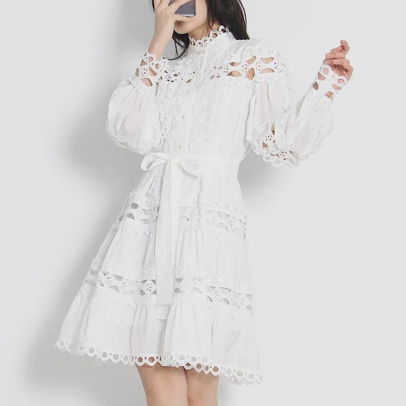 Elegancka Spódnica A-Line Jednokolorowa 2025: Modna sukienka damska z kołnierzykiem stojącym i wycięciami w talii