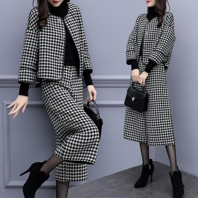 Damen Herbst- und Winter Zweiteiler Hose, Karierter Wollmantel, Weitbeinige Hose, Lässiges und Modisches Damen-Set