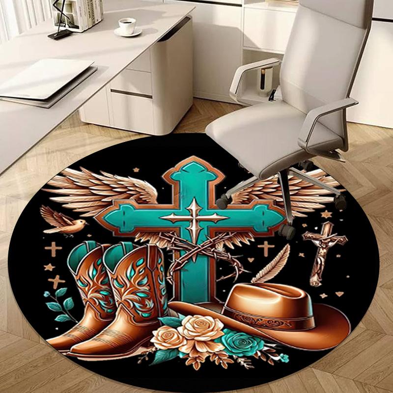 1Pc Cowgirl Boots Hat Circular Print Rug - Home Decoration Carpet For Living Room Bedroom Flooring Computer Chair Area Rug
