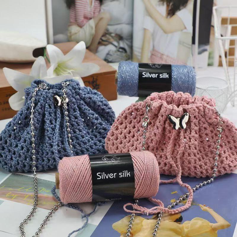 150g Sparkling Thread Silver Wire Hollow Cotton, 2mm Handmade DIY Crochet Butterfly Broken Silver Bag Hat Round Strand Yarn