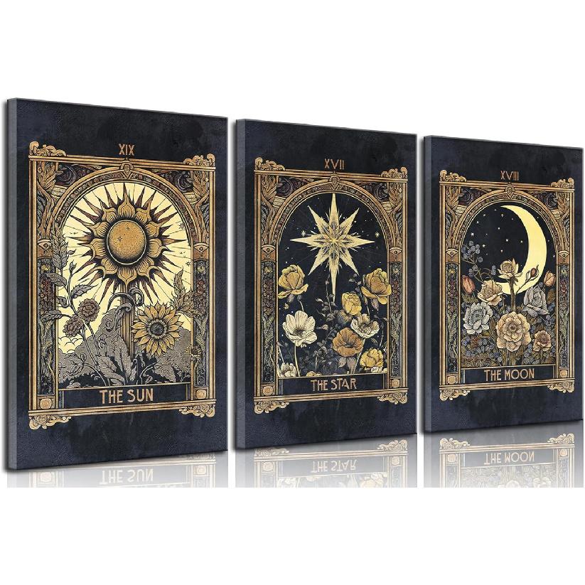 Tarot Cards Celestial Canvas Wall Art Set of 3 Boho Mystic Astrology Paintings Pictures Wall Decor Star Sun and Moon Posters Prints for Living Room