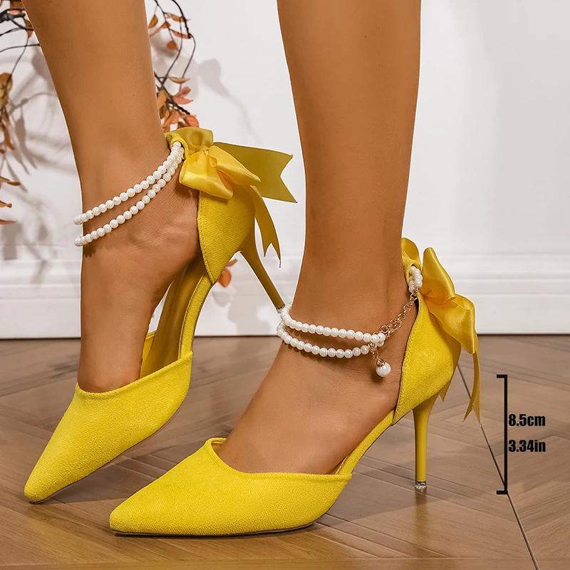 Fashion Elegant Ladies Pearl Ankle Strap Pumps 2025 Thin High Heels Yellow Bowtie Banquet Dress Shoes Woman Stiletto Heeled Flock Shoes