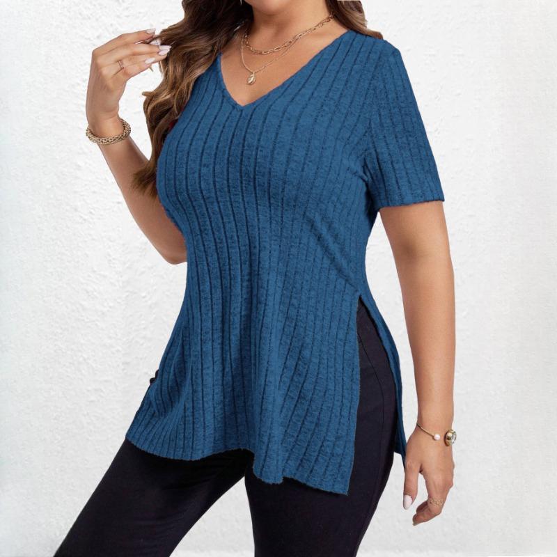BITCED Spring Summer Fashion Solid Colour Women's Tops V-Neck Pit Stripe Short Sleeve Split Pullover T-Shirt