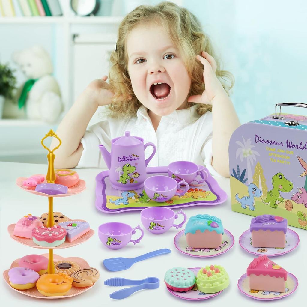Dinosaurs Tea Party Set For Little Girls Pretend Teapot Set Princess Play Kitchen Plaything With Dessert Carrying Case Birthday Gifts
