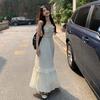 Sweet Spice Girl Lotus Leaf Edge Chic Suspender Skirt Women's Spring and Summer High Sense Niche Chiffon Apricot Dress Knee Long Dress