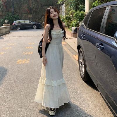 Sweet Spice Girl Lotus Leaf Edge Chic Suspender Skirt Women's Spring and Summer High Sense Niche Chiffon Apricot Dress Knee Long Dress