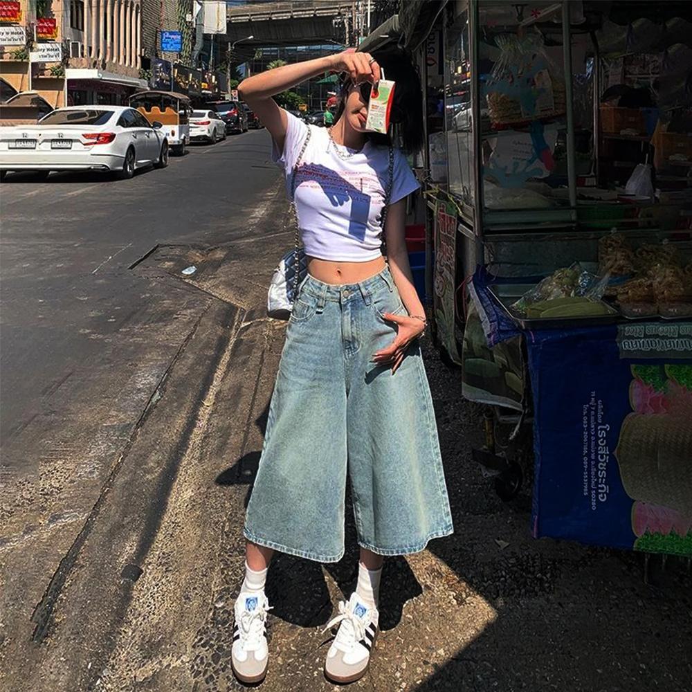 Sommer Vintage Damen Baggy Jeans Y2k Locker Gewaschen High Waist Knielang Denim Hosen Streetwear Weite Beine Shorts