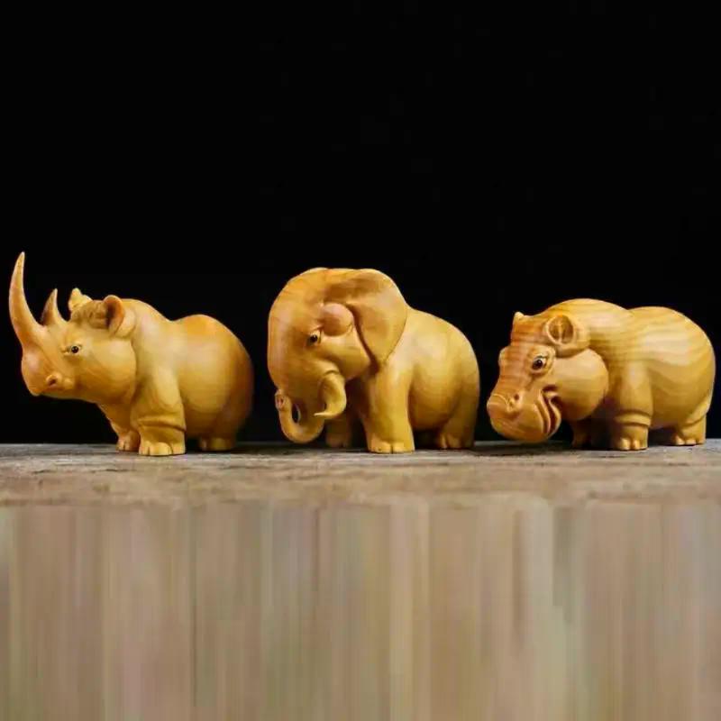 1Pcs Manual Wood Carving Wooden Product Rhino Hippo Elephant Figurine Car Ornaments Statue Desk Sculpture Room Home Decoration