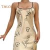 Rochie de noapte pentru femei cu gât rotund, fără mâneci, cămașă de noapte cu design cu bretele, imprimeu, țesătură netedă, mătase de gheață, îmbrăcăminte de dormit