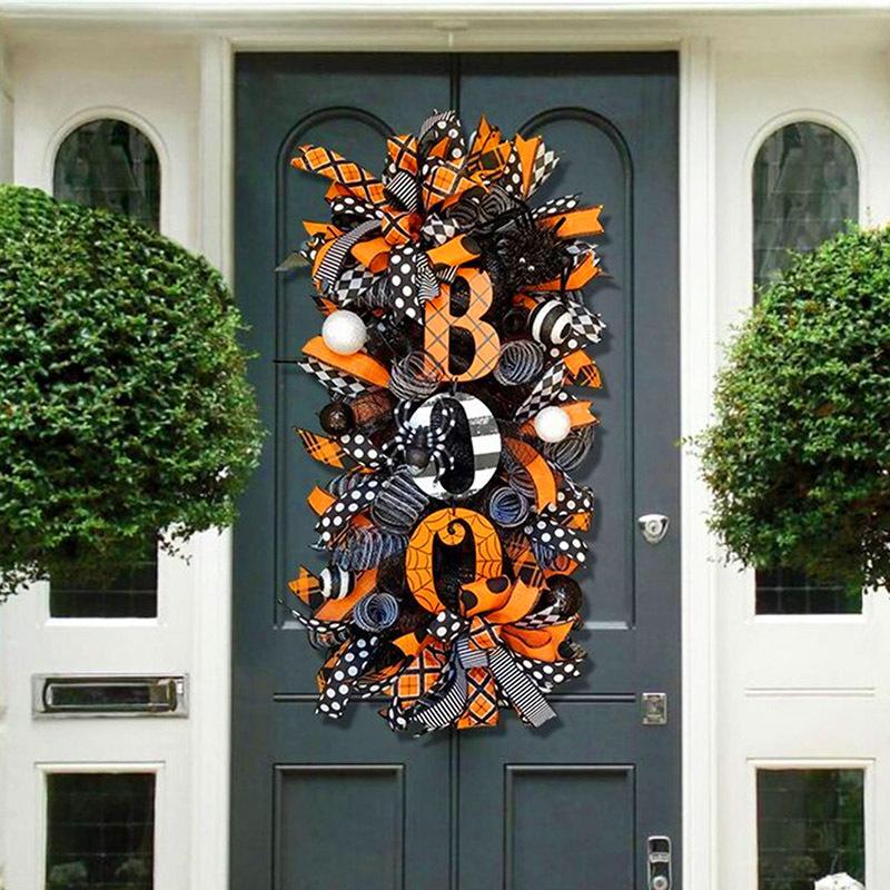 Halloween Wreath Garland Door Hanging Decoration BOO Doorplate Pumpkin Pendant Home Party Supplies for Porch Yard