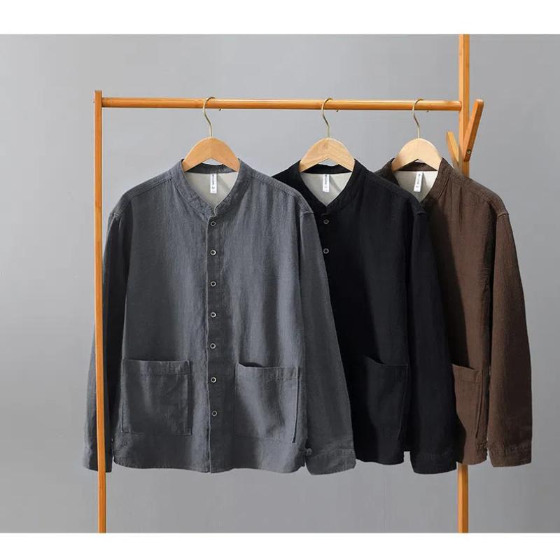 Chinese Style Long Sleeve Men Shirt Traditional Men Clothing Solid Color Stand Collar Cotton Linen Button Shirt Daily Casual Tops Big Pockets