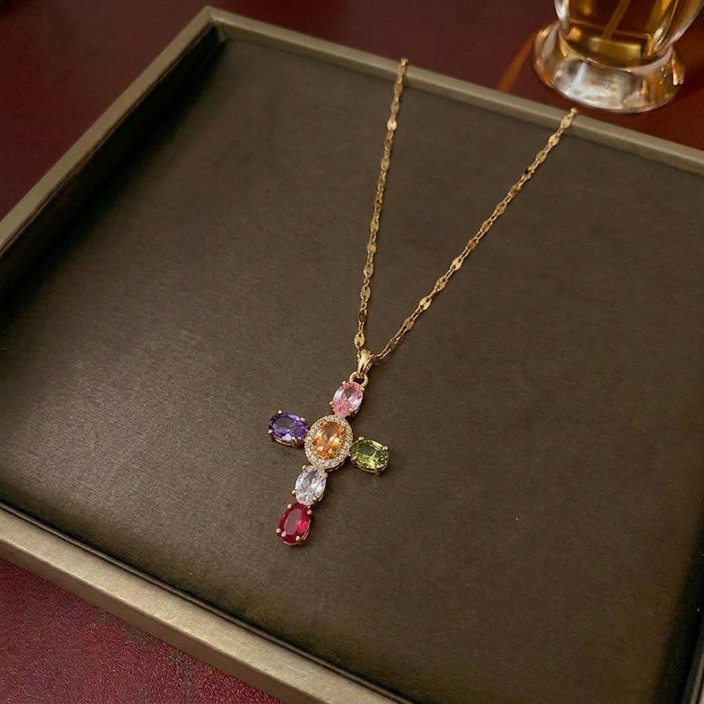 Women's Retro Zircon Cross Necklace - Colorful, Personalized Hip Hop Clavicle Chain