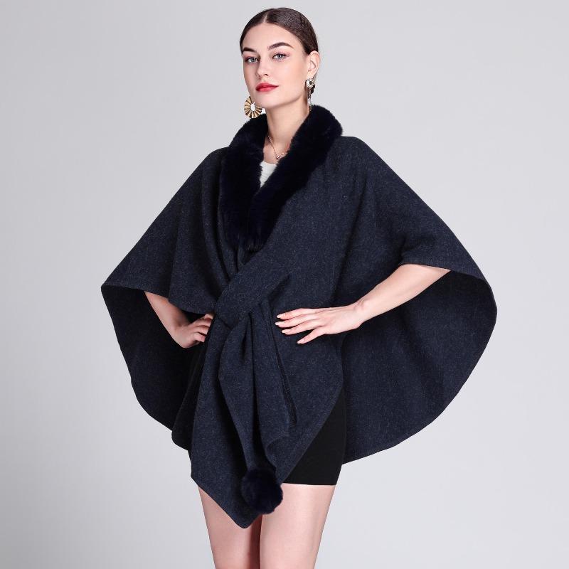 Women Cape Faux Fur Shawl Wrap Poncho with Faux Fur Trim Female Winter Knitted Front Cardigan Shawls Sleeveless Cardigan Cloak Coat for Party