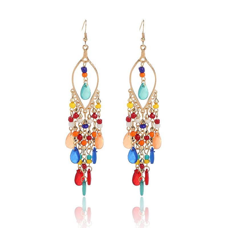 Bohemian Crystal Tassel Earrings - Ethnic Style, Slim Face, Exaggerated Design for Travel