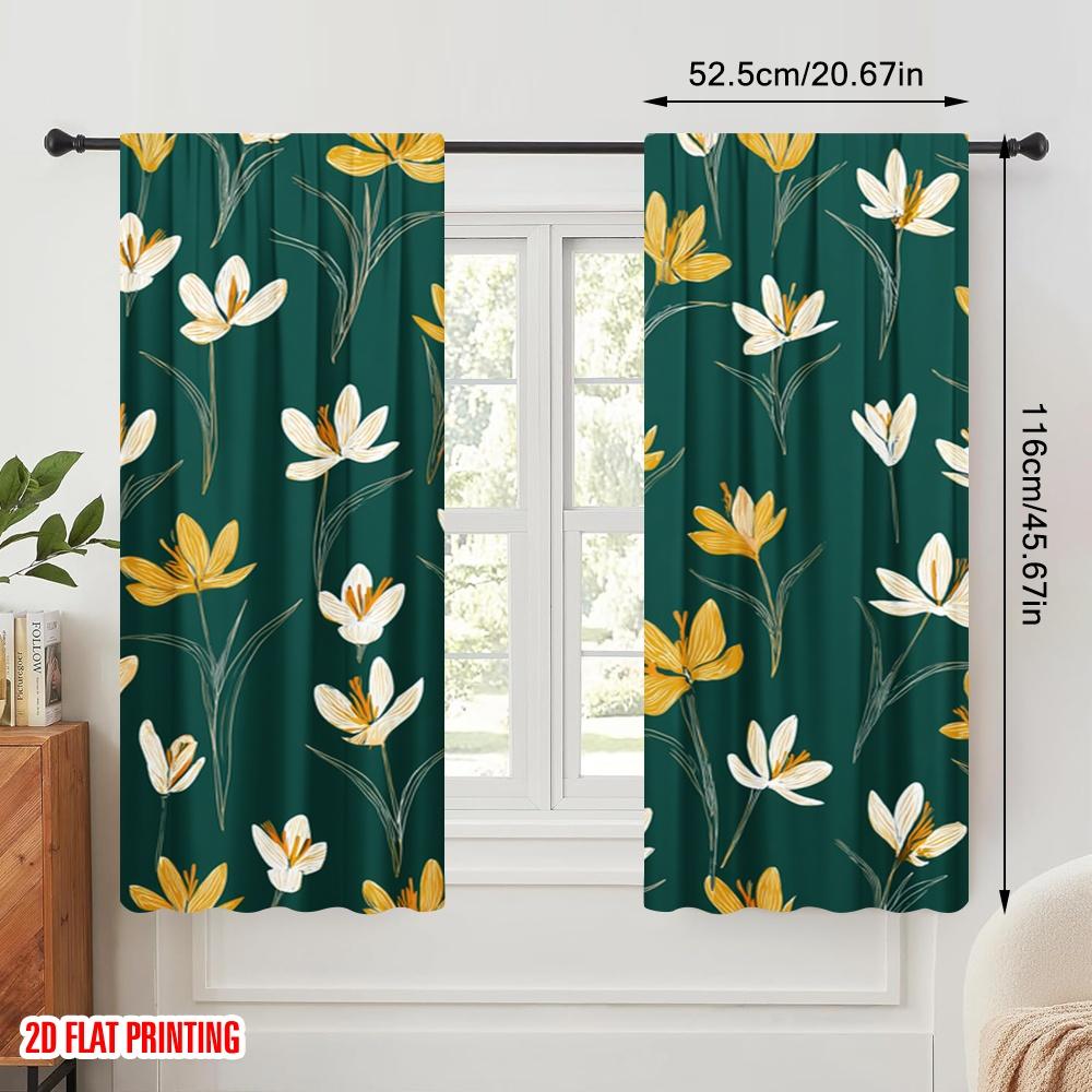 2pcs,2D Plane Printing Curtain Fabric Yellow and White Flowers Versatile 100% Polyester (without Rod) Art Deco Festive Use for