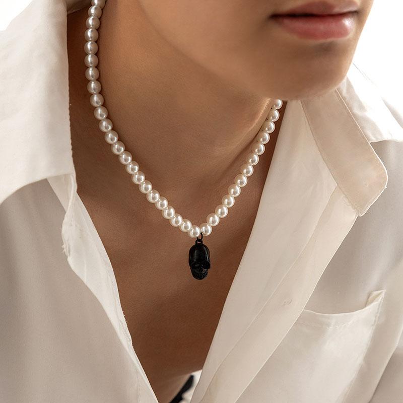 Nouveau Collier de Perles Chaînes de Clavicule Hip-Hop Perles Homme Colliers Tendance Punk Crâne Pendentif Chaînes de Cou
