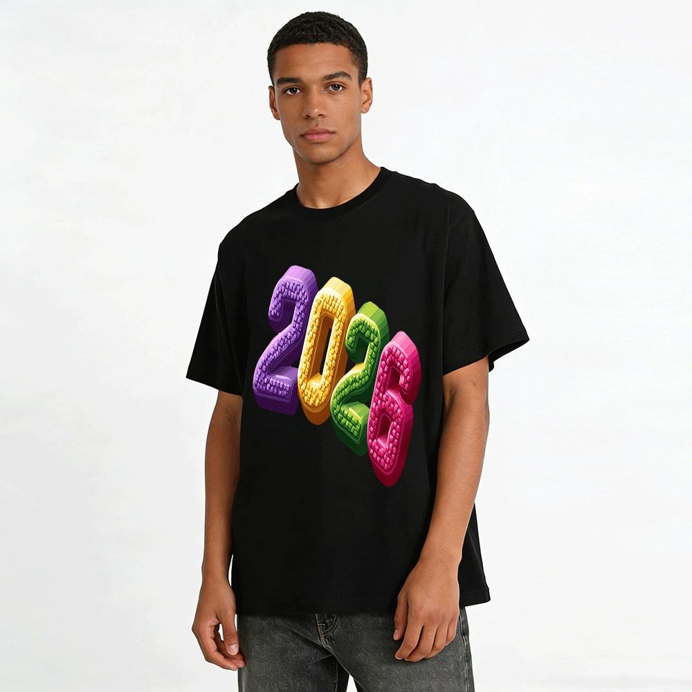 2026 Colorful Number Print Casual Unisex Top Pure Cotton T-shirt