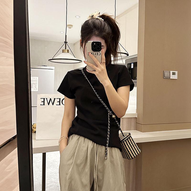 

2026 New Women s Black Cross Single Shoulder Slim Fit Short Sleeve Top - Summer Solid Color Base Layer XX-Large чорний