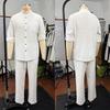 Mens Linen Blend Shirt Set Long Sleeve Top Pants Retro Stand Collar Casual Outfit