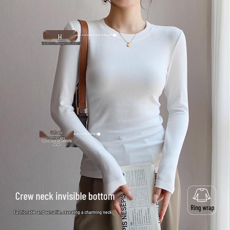Women's Ribbed Knit Fleece-Lined Round Neck Long Sleeve Base Layer T-Shirt