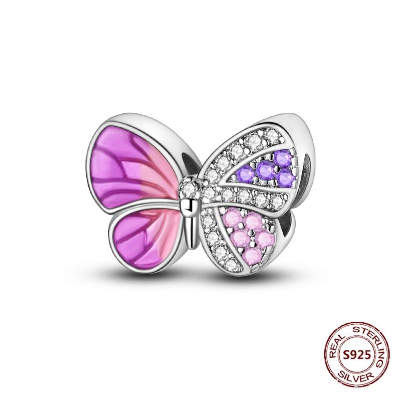 Butterfly Charm copper Authentic Pink Blue Zircon Fly Butterflies Safety Chain Clip Charm Bead Charms Compatible With Bracelets Do It Yourself Jewelle