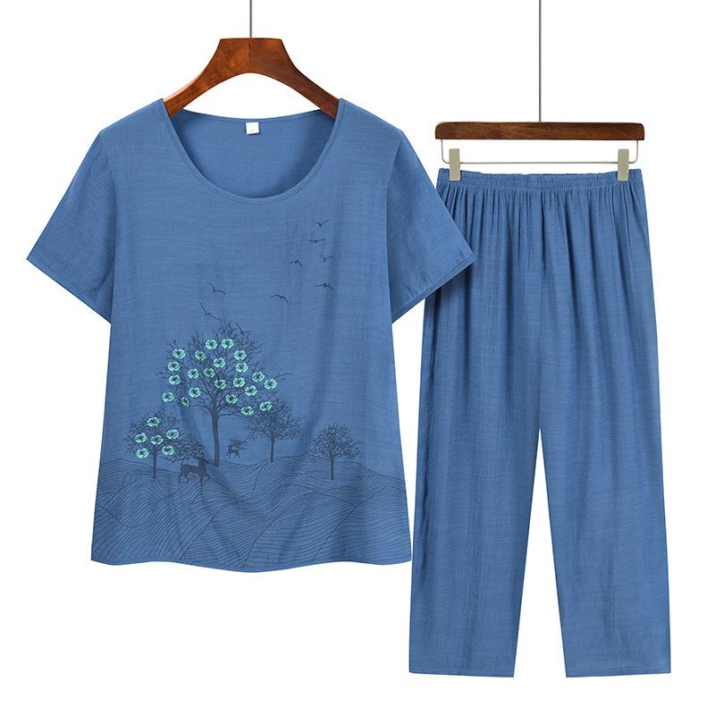 Grandma's Summer Short Sleeve Two-Piece Set: Floral Print, Round Neck, Loose Casual Top for Middle-Aged & Elderly Women