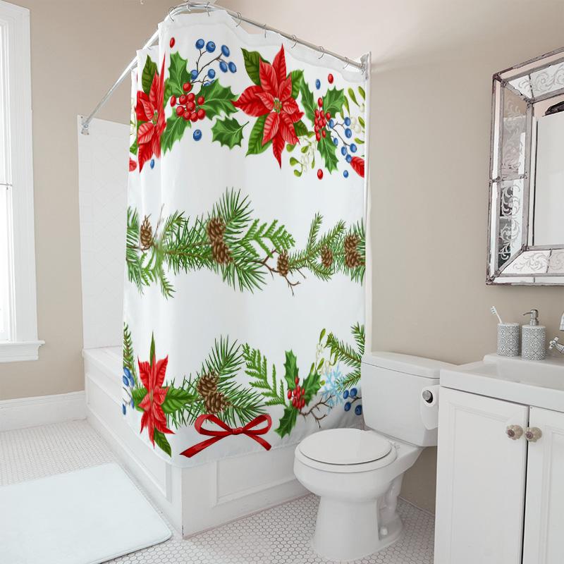 TU Christmas Shower Curtain Festive Holiday Decor Red Poinsettia Floral Bathroom Curtain Waterproof Holiday Season Home Decor Gi