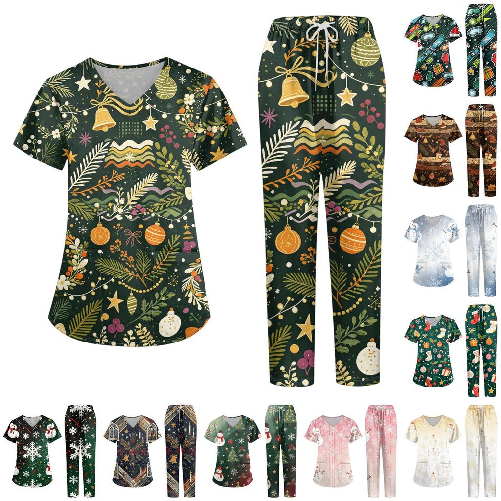 Women's V-Neck Short Sleeve Christmas Print Scrub Set with Pockets Two Piece Caregiver Work Uniform