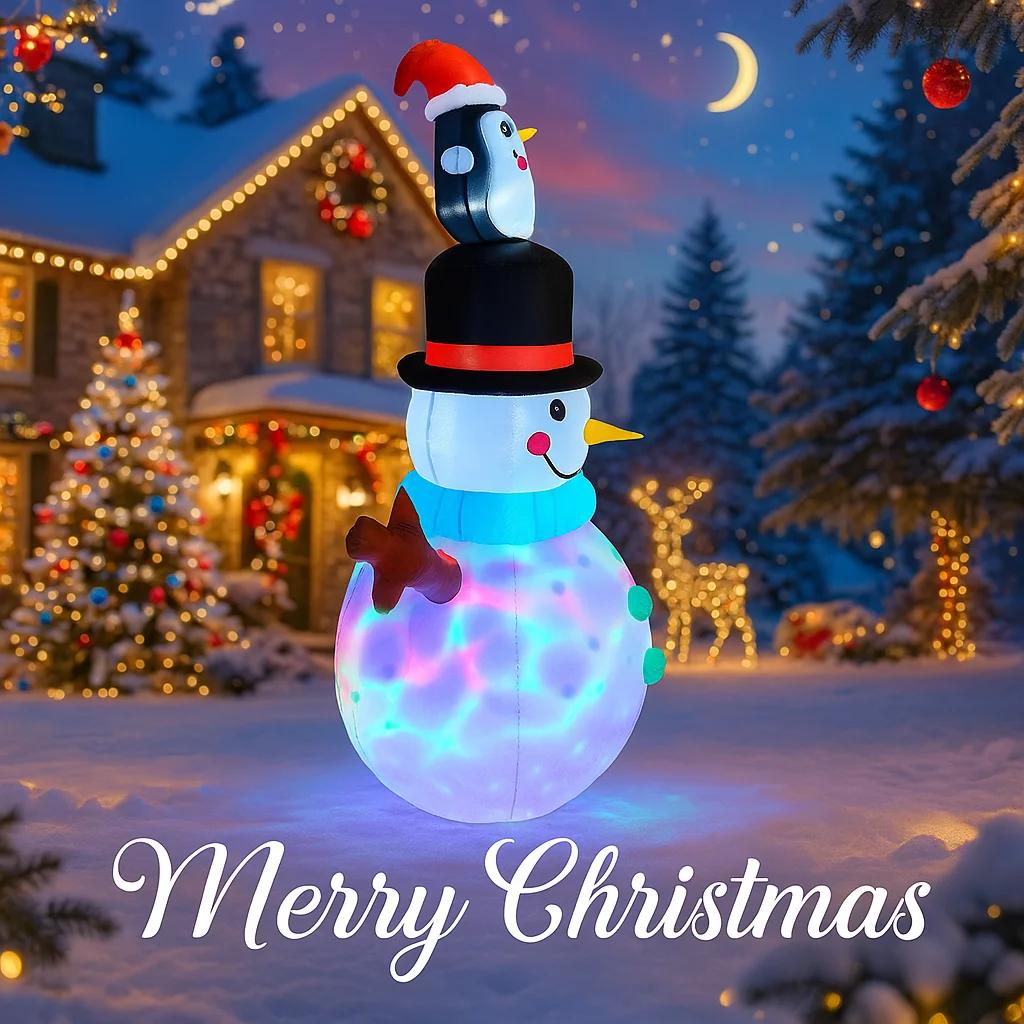4.9FT LED Inflatable Xmas Yard Decor Snowman with Penguin Hat Christmas Toy Gift Home Decoration Ornament Festive Supplies Decor