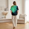 Women's Short Sleeve Linen Cotton Shirt Henley Button Neck Chest Pocket Casual Blouse with Artistic Print Pattern Lightweight Summer Top