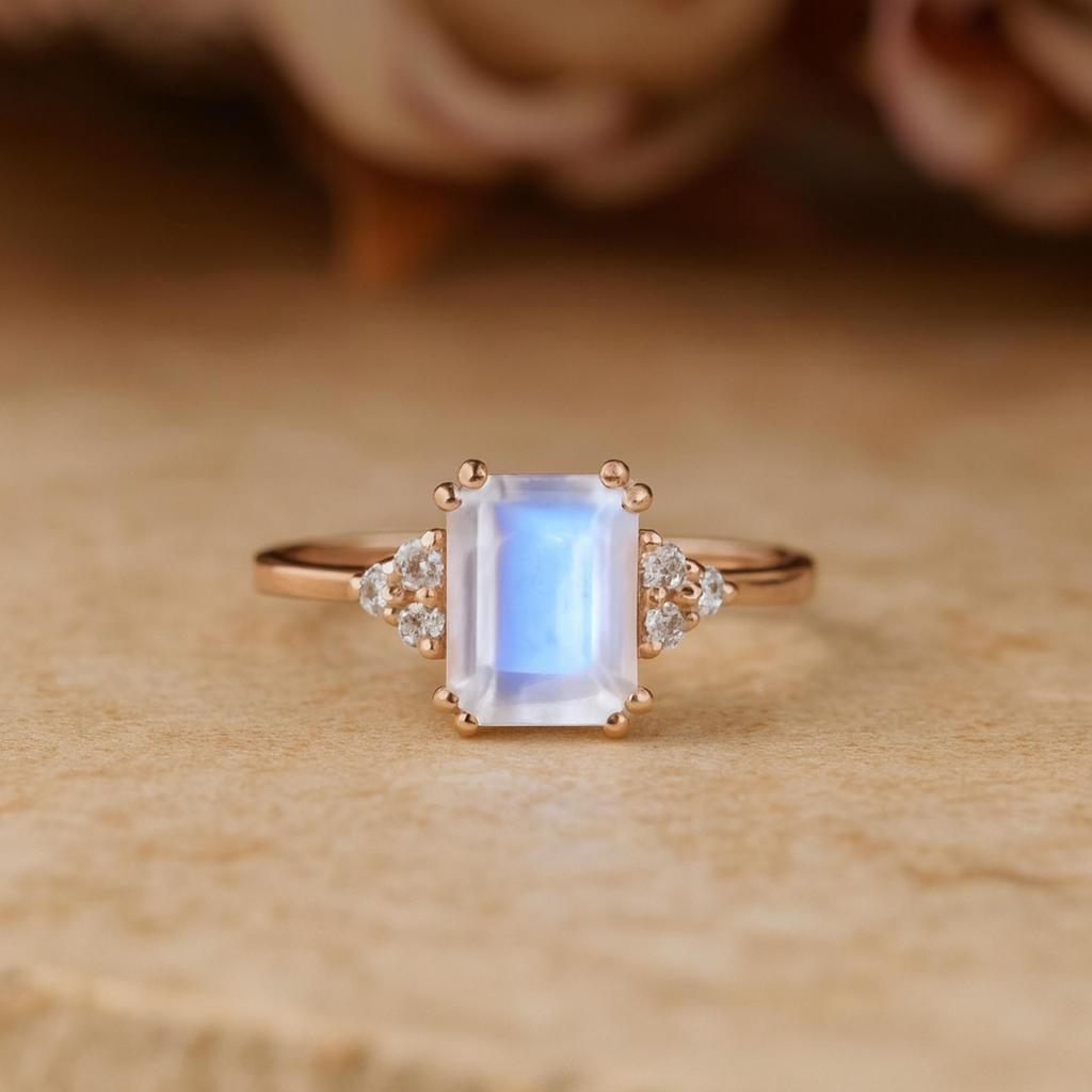 Emerald Cut Moonstone Ring for Women | Rose Gold Plated 925 Sterling Silver Ring with Cubic Zirconia | Wedding, Engagement, Anniversary Gift