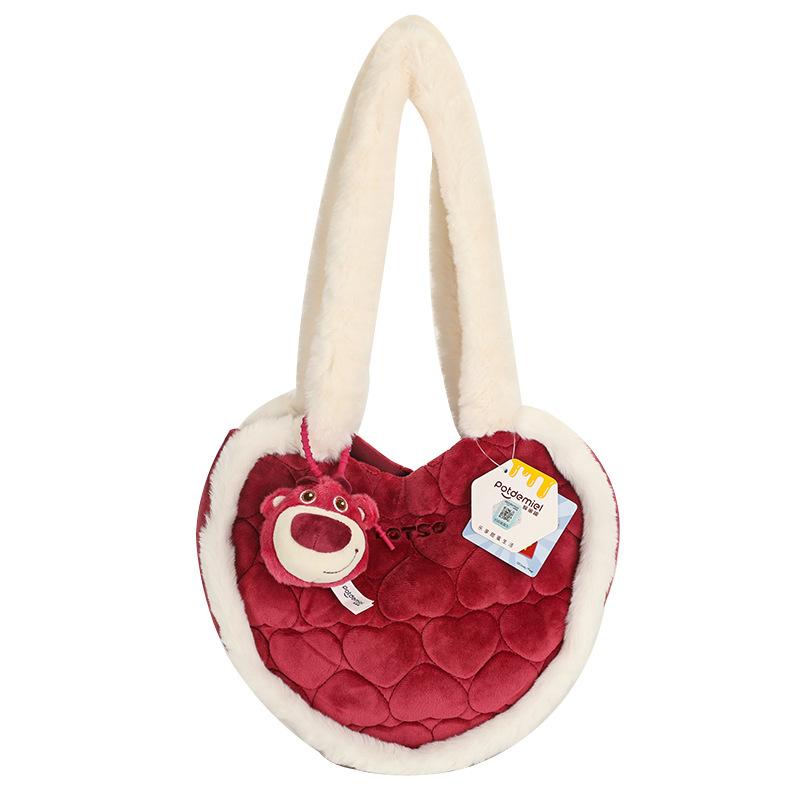 Disney Toy Story Strawberry Bear Heart Shape Plush Shoulder Bag Soft and Fluffy Fashion Daily Casual Handbag Strawberry Bear
