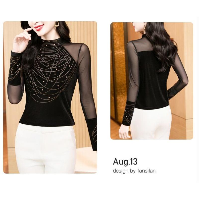 Women's Mock Neck Mesh Panel Top Rhinestone Chain Pattern Slim Fit Coffee Brown Elegant Blouse