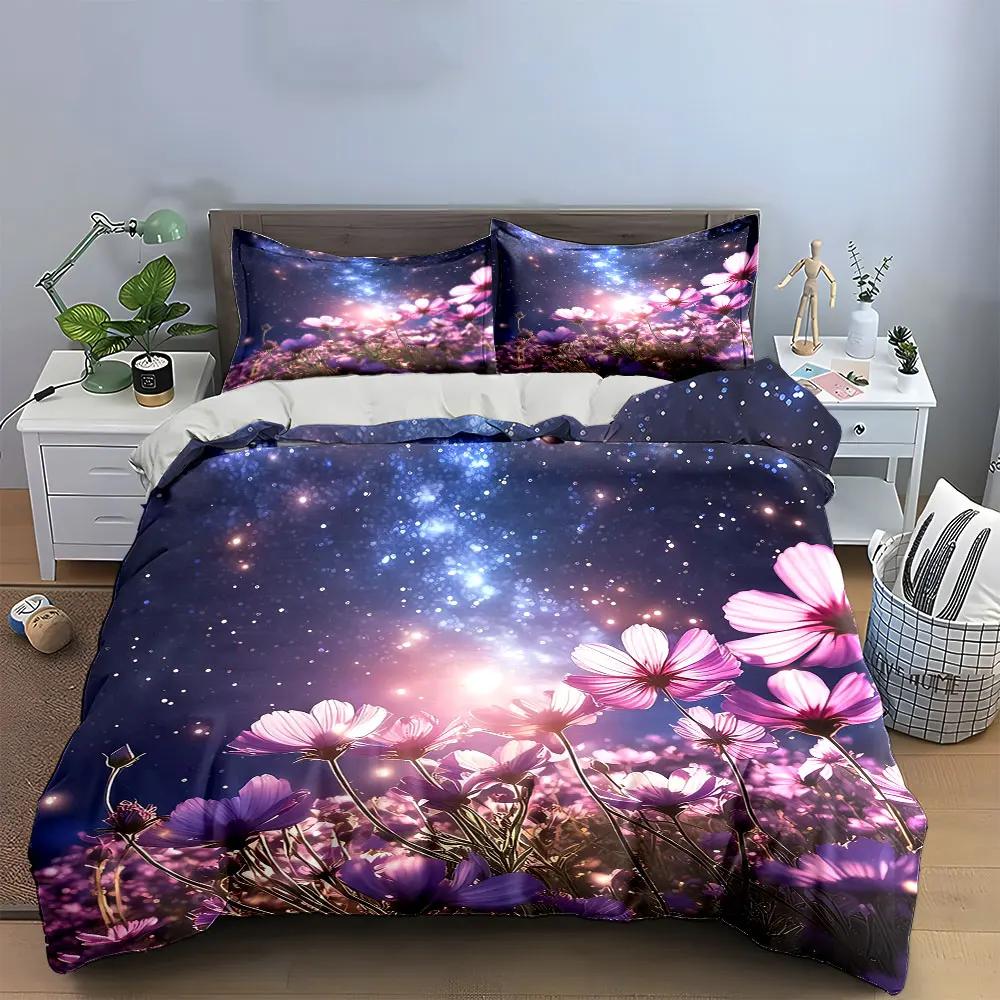 "Flower Galaxy Dream Set" Soft Comfortable Duvet Cover Bedding Set Included 1*Duvet Cover & 2*Pillowcases, gift