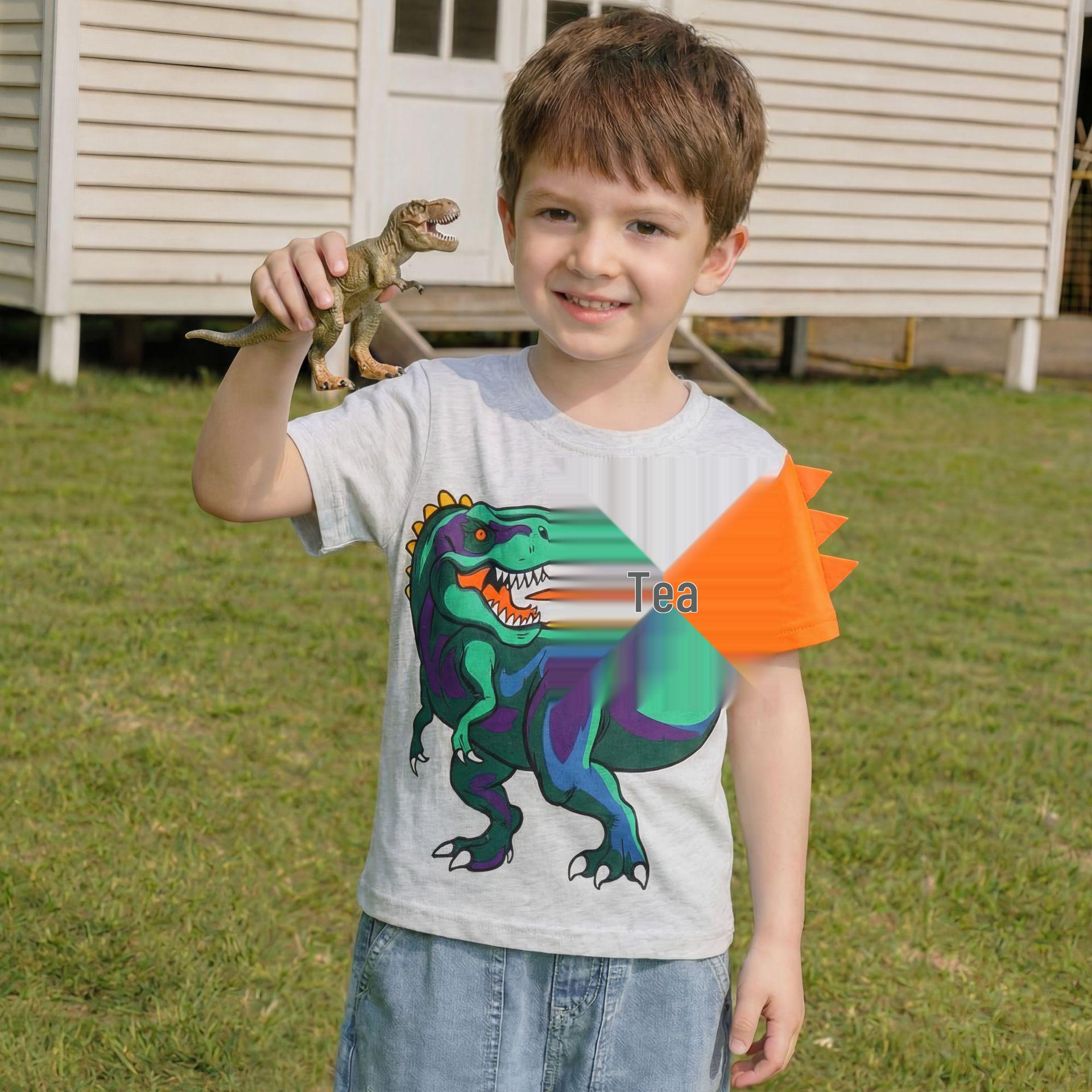 European Style Dinosaur Print Boys Cotton T-Shirt 120cm (6Y) светло-серый