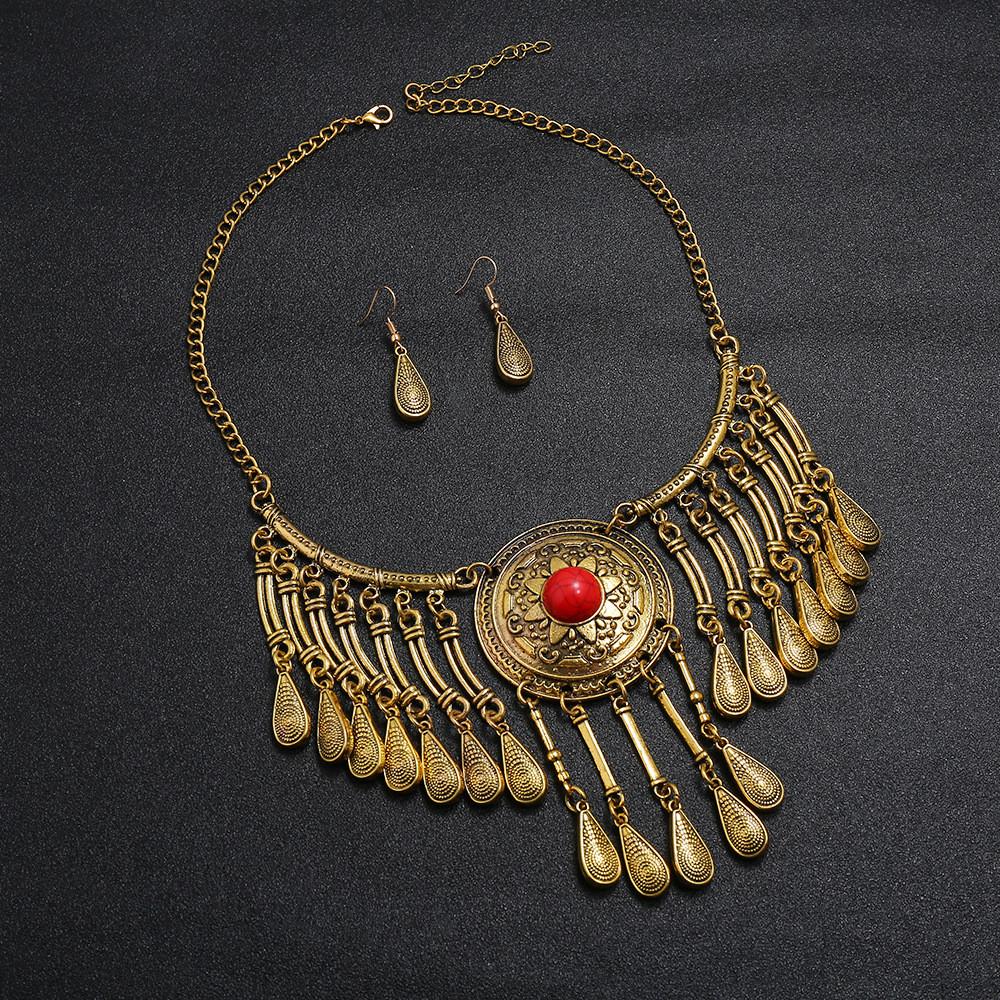 

Ethnic Style Women Metal Necklace Earring Set With Water Droplet Shaped Tassel For Daily Wear золотой