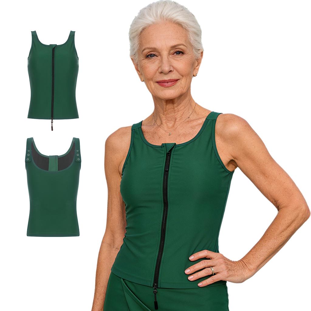Women‘s Adaptive Swim Tank Zip Front Vest Sleeveless Press Button Straps with Removable Chest Pads for Pool Beach Activity