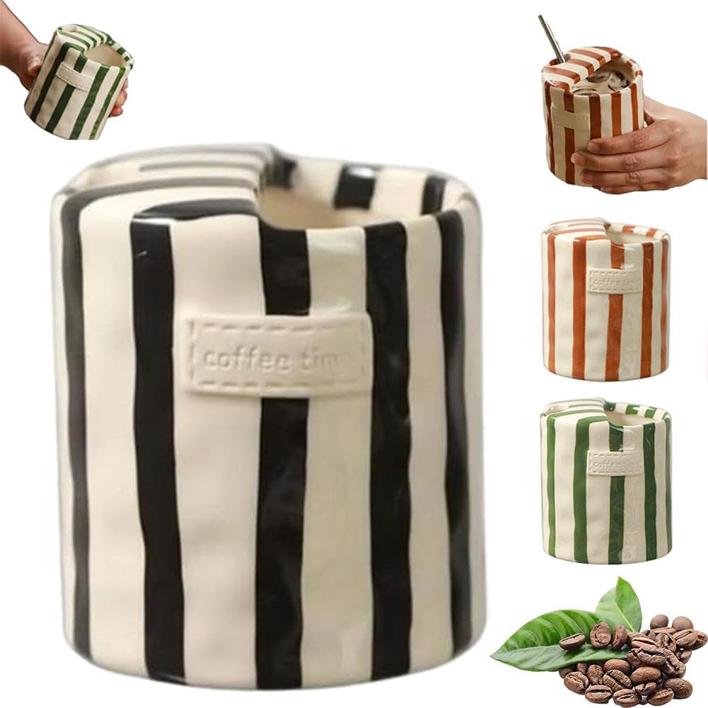 Modern Striped Ceramic Coffee Cup Hand Painted Simple Flower Tea Cup Household Breakfast Milk Mug Couple Mug Birthday Present Household Decoration