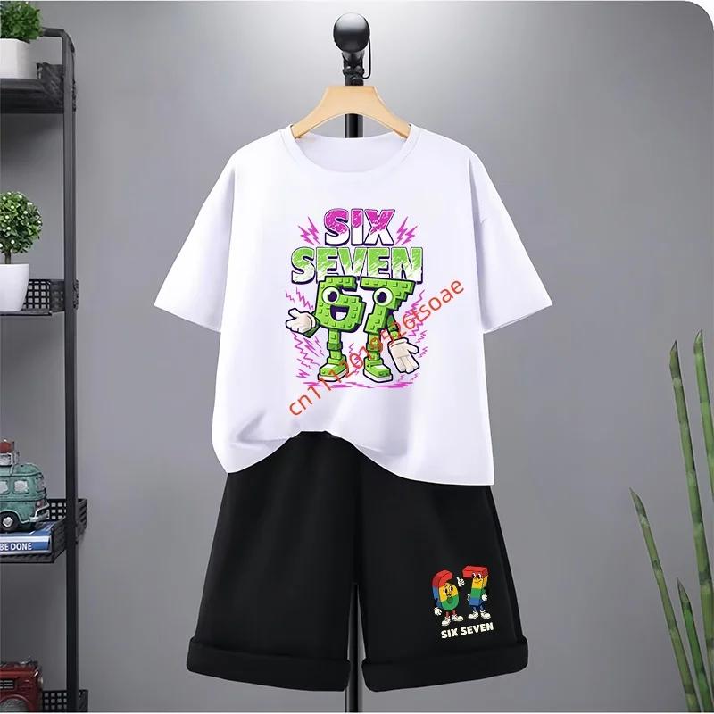 67 Çocuk Tişört 3-12 Yaş Yaz Altı Yedi Baskılı Kısa Kollu Sevimli Komik Moda Erkek Kız Bebek Üst+Şort 2 Parça Günlük Set
