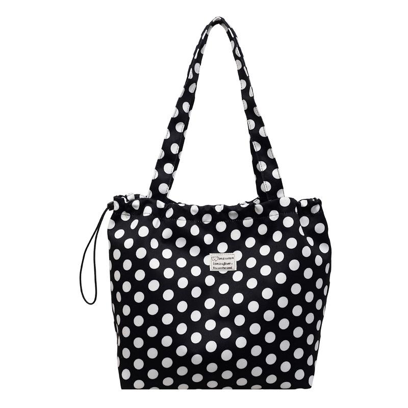 Polka Dot Canvas Tote Bag With Drawstring Closure Large Capacity Shoulder Bag Casual Shopping Bag Women Daily Commute Handbag