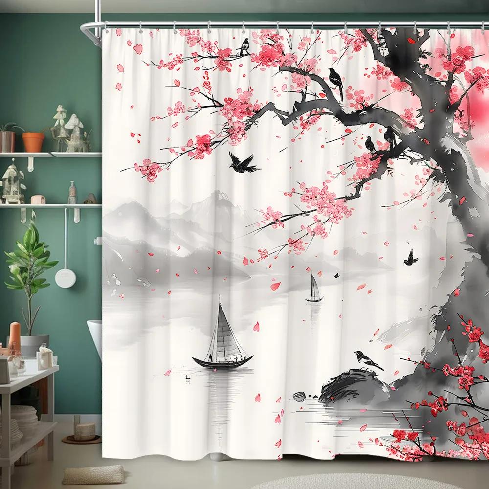 Asian Scenery Shower Curtain Koi Cherry Blossom Vintage Bird Lotus Mountain Ink Painting Polyester Fabric Bathroom Decor Curtain